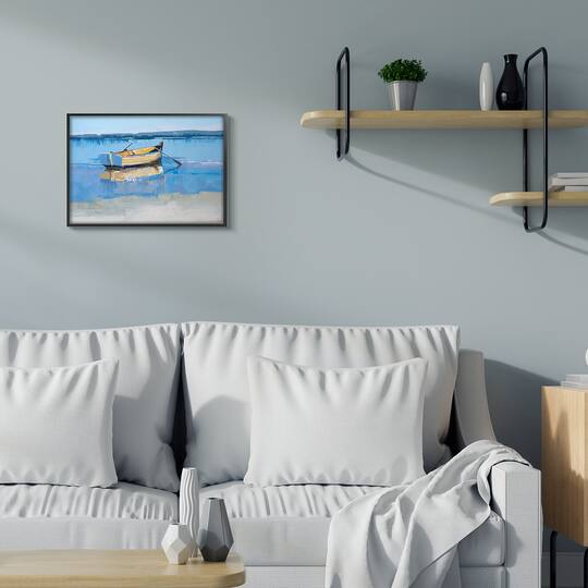 Stupell Industries Row Boat on Blue Coastal Shore Beach Landscape Framed Wall Art